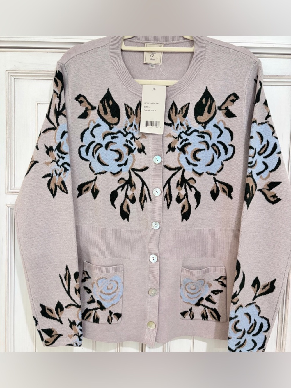NWT SZ L Sioni Floral Cardigan with Blue Roses